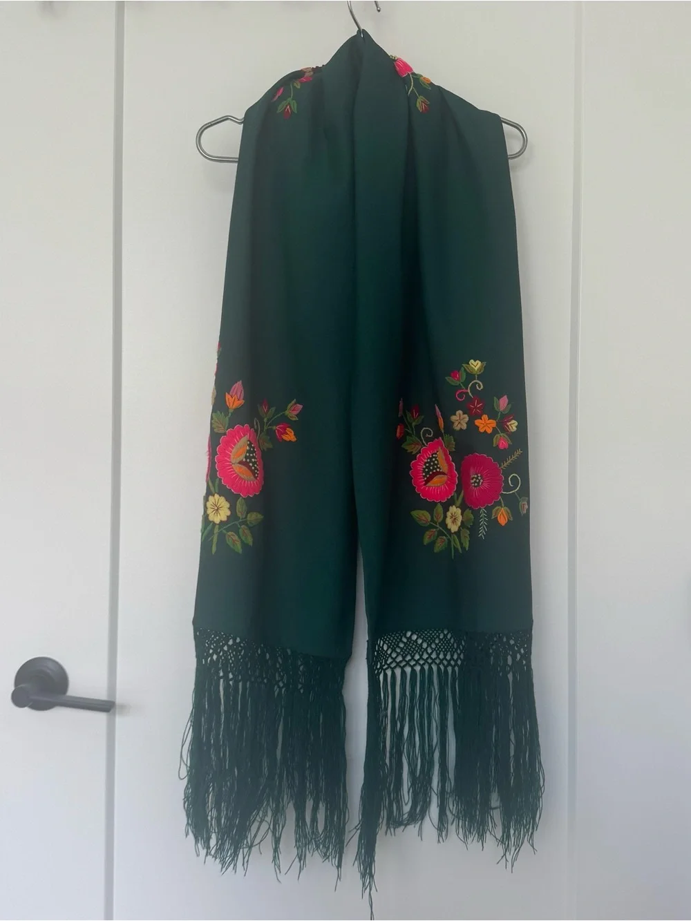 Hand Embroidered Mexican Rebozo Shawl Forest Green 3 Floral Motifs Fringe 70